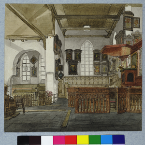31232 Interieur van de Geertekerk te Utrecht: gezicht vanuit het zuidertransept op de oostelijke travee van het schip ...